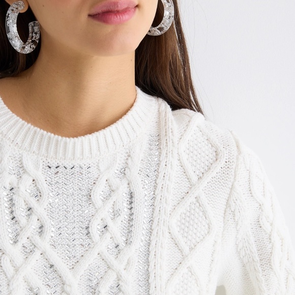 New JCREW Size S Cable-Knit Crewneck Sweater with Crystals in Ivory - Picture 3 of 6